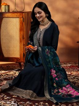 Libas - Blue Floral Zari Embroidered Yoke Design Anarkali Kurta with Pant & Dupatta (Set of 3)