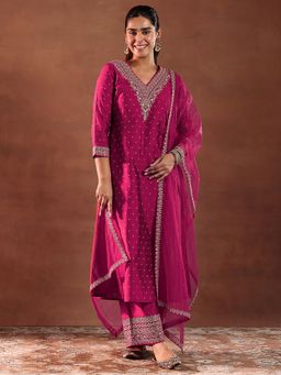 Libas - Magenta Ethnic Motif Woven Design A-Line Kurta with Palazzo & Dupatta (Set of 3)