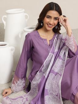 Libas - Purple Yoke Embellished Straight Kurta with Pant & Dupatta (Set of 3)