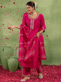 Gerua By Libas - Coral Silk Blend Embroidered Straight Kurta & Pant with Dupatta (Set of 3)