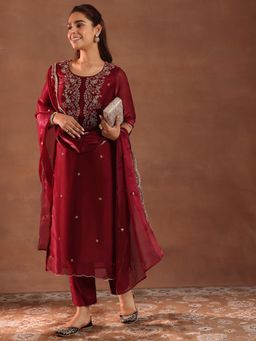 Libas - Maroon Yoke Embroidered Straight Kurta with Pant & Dupatta (Set of 3)
