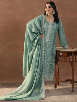 Libas - Green Floral Embroidered Straight Kurta with Lining & Pant with Dupatta