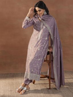 Libas - Mauve Floral Embroidered Straight Kurta with Lining & Pant with Dupatta