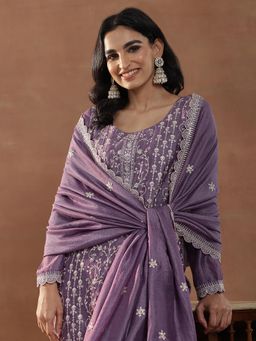 Libas - Purple Floral Embroidered Straight Kurta with Lining & Pant with Dupatta
