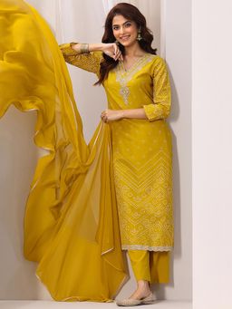 Libas - Mustard Badhani Print with Yoke Zari Work Straight Kurta with Pant & Dupatta