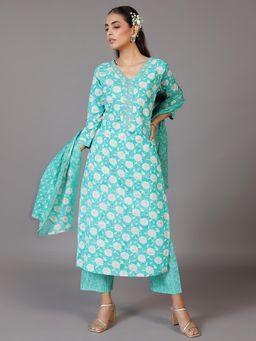 Libas - Turquoise Floral Printed Kurta with Pant and Dupatta (Set of 3)
