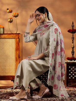 Libas - Beige Floral Embroidered Kurta with Pant & Dupatta (Set of 3)