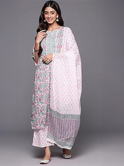 Libas - Pink Cotton Floral Printed Kurta with Palazzo & Dupatta (Set of 3)