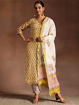 Libas - Yellow Floral Printed Straight Kurta with Salwar & Dupatta (Set of 3)