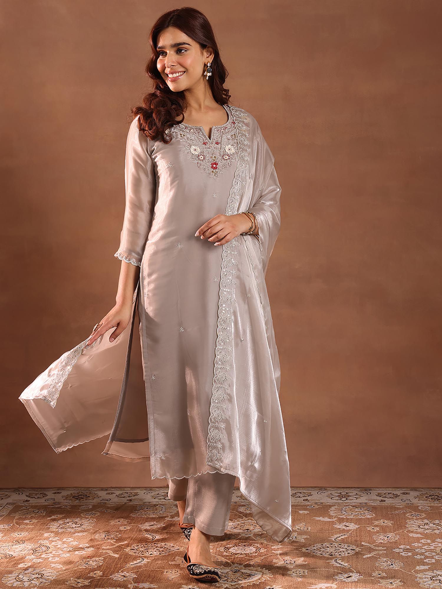 libas Women Taupe Embroidered Kurta with Pant and Dupatta (Set of 3)-picture-42