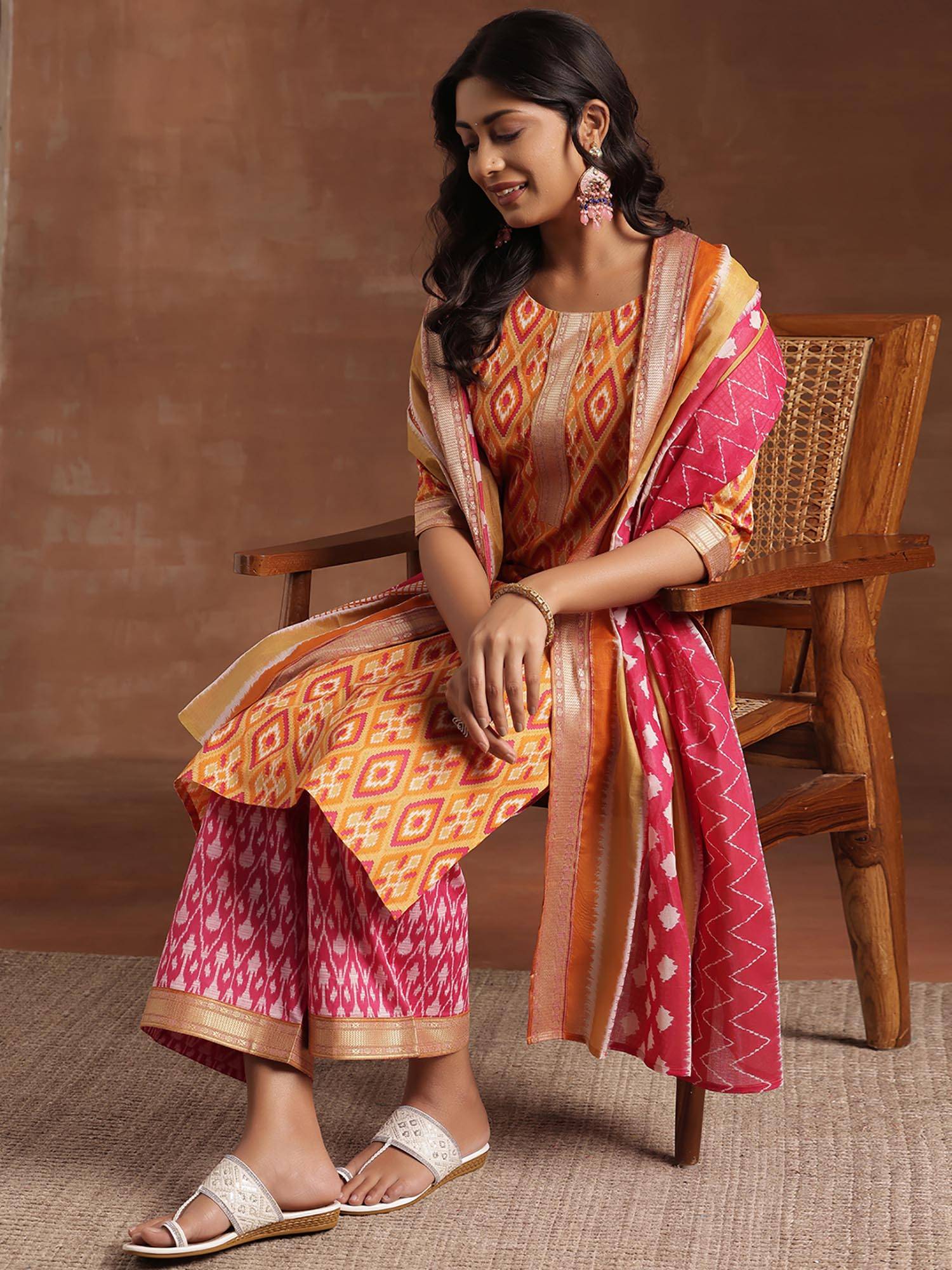 libas Orange Printed Straight Kurta with Pant and Dupatta (Set of 3)-picture-0