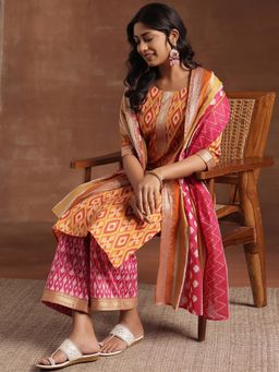 Libas - Orange Printed Straight Kurta with Pant and Dupatta (Set of 3)