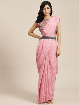 Odette - Women's Pure Crepe Pink Woven Belted Sarees with Unstitched Blouse