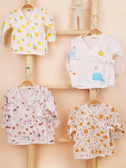 Moms Home - Muslin Organic Cotton Front Open Knotted Jhabla Multi-Color (Pack of 4)