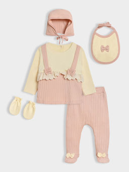 Mi Arcus - Solid Cotton Lace Work Dress With Footie Cap Bib And Mittens (Set of 4)
