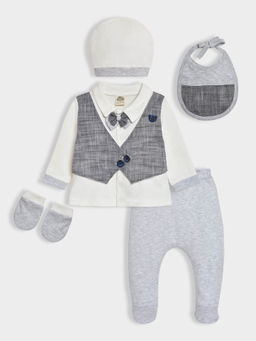 Mi Arcus - Solid Cotton Baby Shirt With Footie Cap Bib And Mittens Boys