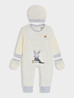 Mi Arcus - Cream Patch Work Full Sleeves Sleepsuit Cap And Mittens For Girls (Set of 3)