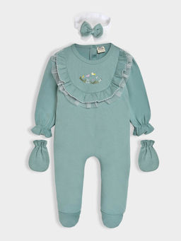 Mi Arcus - Green Full Sleeves Sleepsuit Headband And Mittens For Girls (Set of 3)