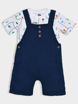 Mi Arcus - Solid Blue Cotton Dungaree With Printed T-Shirt For Boys (Set of 2)
