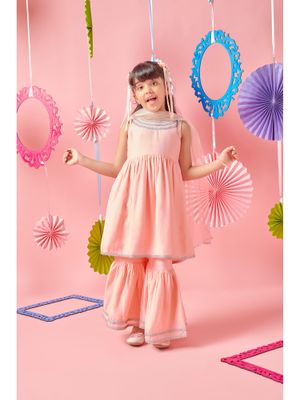 Women'S Peach-Coloured Solid Kurta With Sharara & Dupatta