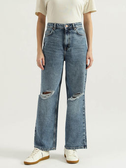 United Colors of Benetton - Solid Wide Leg Acid Wash Damaging Detail Jeans