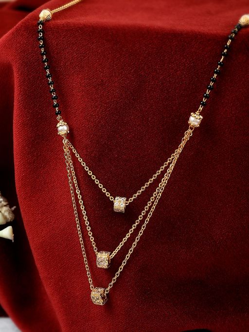 Shoshaa Gold-Plated Black and Gold Beaded 3 Layered Ball Pendant Mangalsutra