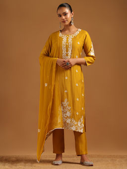 Soch - Mustard Embroidered Round Neck Kurta With Pant & Dupatta