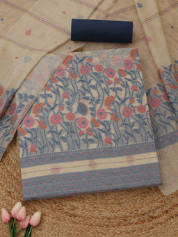 Soch - Women's Beige Chanderi Woven Design Unstitched Top & Bottom With Dupatta