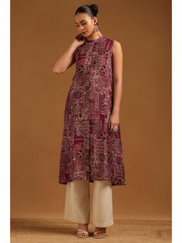 Soch - Wine Printed Mandarin Neck Kurta