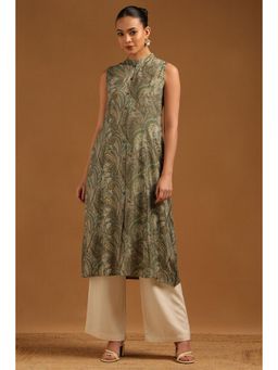 Soch - Green Printed Mandarin Neck Kurta With Pair of Unstitched Sleeves