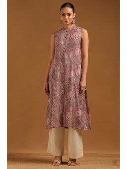 Soch - Purple Printed Mandarin Neck Kurta With Pair of Unstitched Sleeves