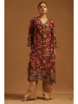Soch - Wine Floral V-Neck Kurta