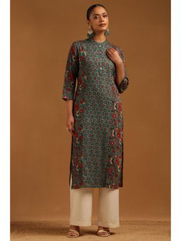 Soch - Blue Floral Mandarin Neck Kurta