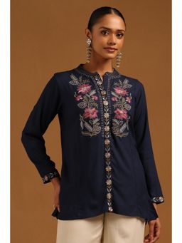Soch - Navy Blue Embroidered Mandarin Neck Tunic