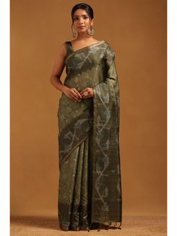 Soch - Olive Woven Zari Saree With Unstitched Blouse Piece with Unstitched