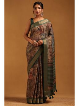 Soch - Green Woven Zari Saree With Unstitched Blouse Piece with Unstitched