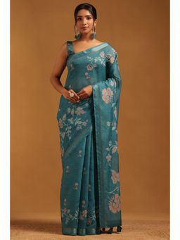 Soch - Teal Embroidered Thread Work Saree With Unstitched Blouse Piece with Unstitched