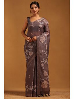 Soch - Grey Embroidered Thread Work Saree With Unstitched Blouse Piece with Unstitched