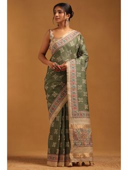 Soch - Olive Embroidered Thread Work Saree With Unstitched Blouse Piece with Unstitched