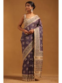 Soch - Lavender Embroidered Thread Work Saree With Unstitched Blouse Piece with Unstitched
