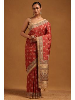 Soch - Rust Embroidered Thread Work Saree With Unstitched Blouse Piece with Unstitched