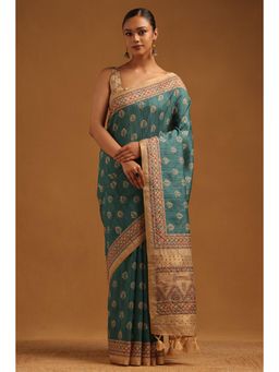 Soch - Teal Embroidered Embellished/Sequined Saree With Unstitched Blouse Piece with Unstitched