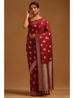 Soch - Maroon Woven Zari Saree With Unstitched Blouse Piece with Unstitched