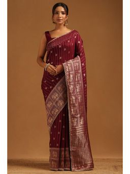 Soch - Wine Woven Zari Saree With Unstitched Blouse Piece with Unstitched
