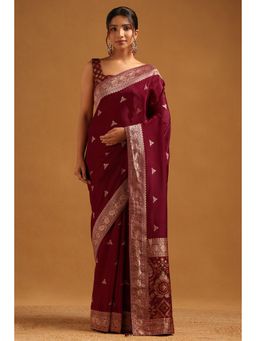Soch - Wine Woven Zari Saree With Unstitched Blouse Piece with Unstitched
