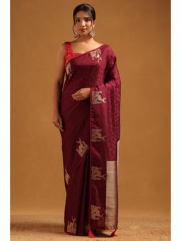 Soch - Wine Woven Zari Saree With Unstitched Blouse Piece with Unstitched