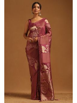 Soch - Wine Woven Zari Saree With Unstitched Blouse Piece with Unstitched