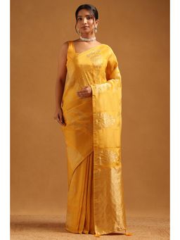 Soch - Yellow Woven Zari Saree With Unstitched Blouse Piece with Unstitched