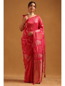 Soch - Pink Woven Zari Saree With Unstitched Blouse Piece with Unstitched