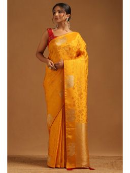 Soch - Yellow Woven Zari Saree With Unstitched Blouse Piece with Unstitched